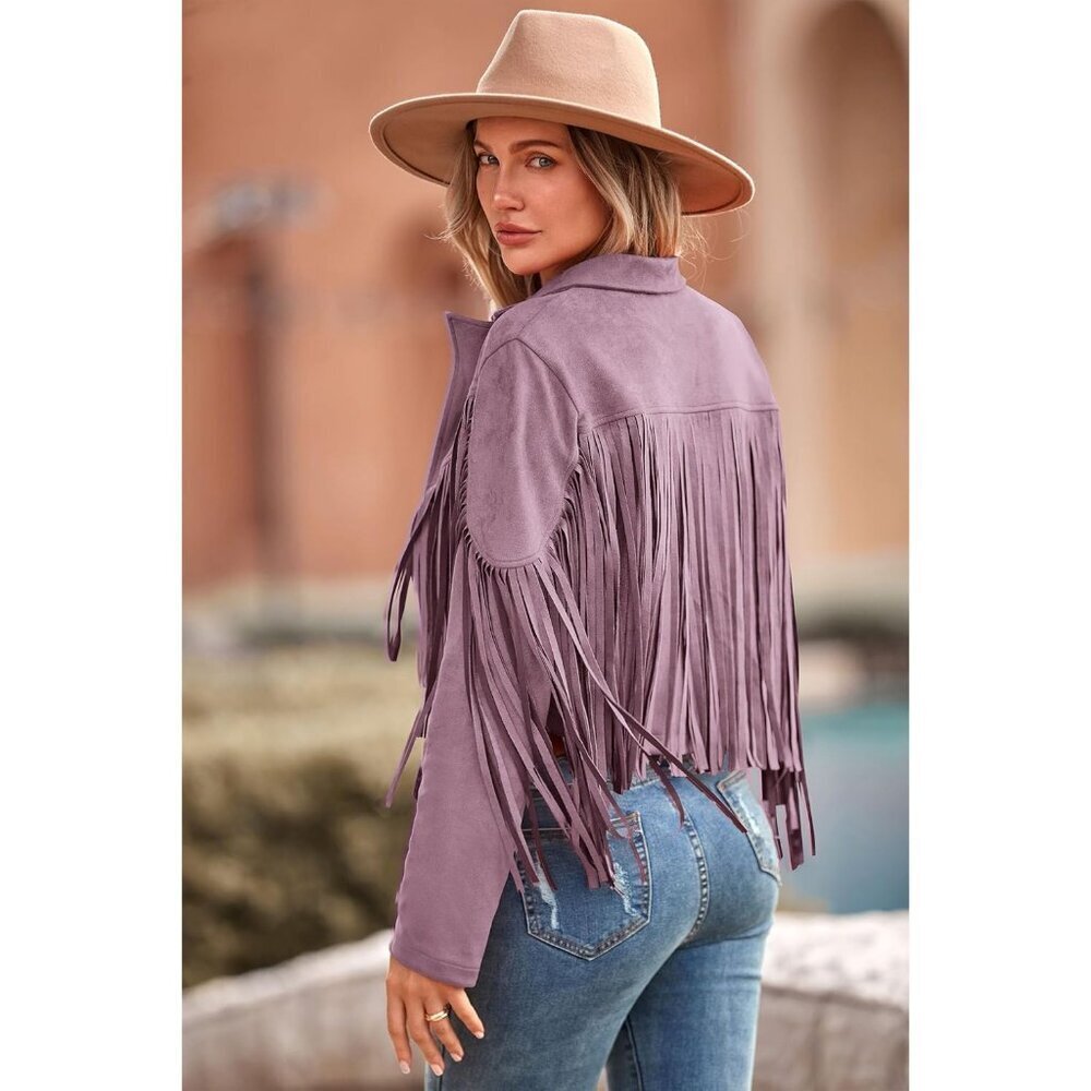 Women's Purple Fringe Faux Suede Leather Jackets Fall Fashion Tassel Motorcycle - Picture 2 of 9